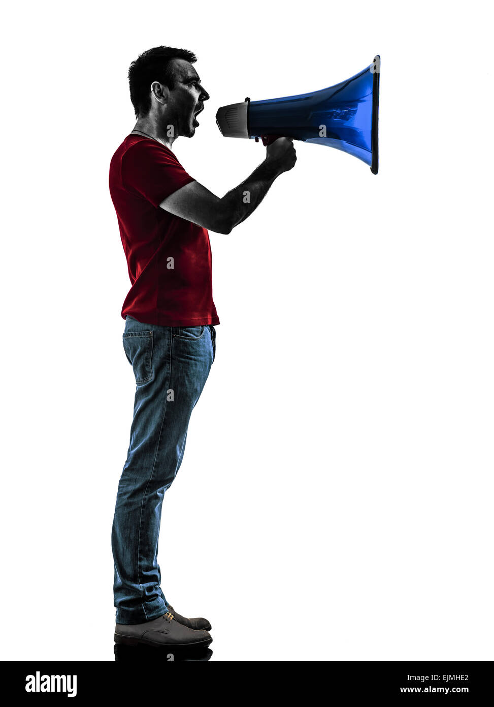 Un uomo con il megafono silhouette isolato in uno sfondo bianco Foto Stock