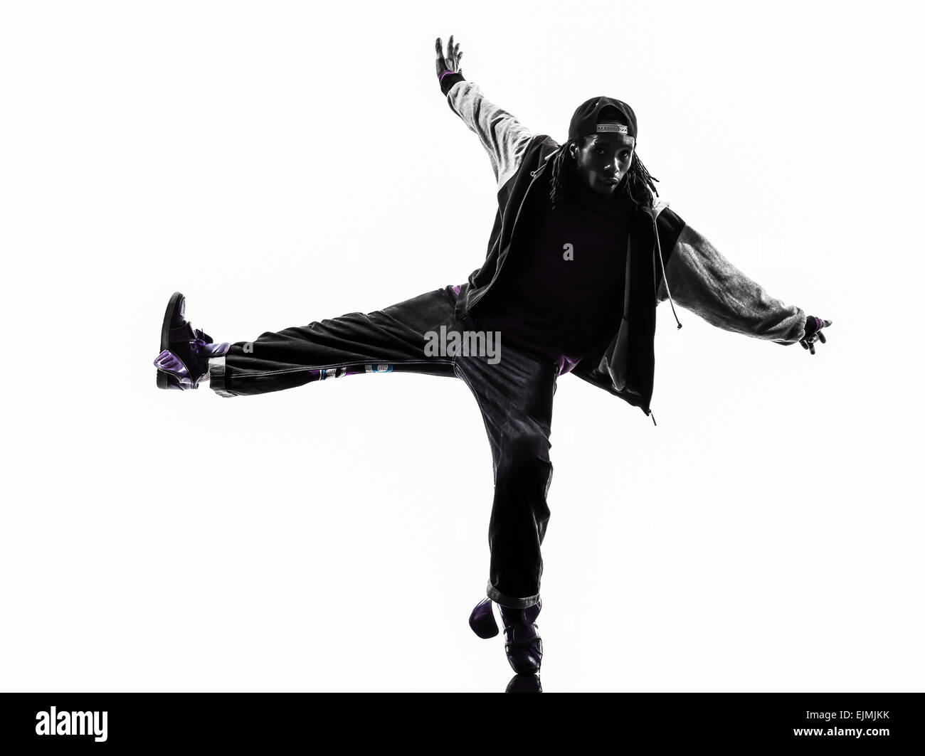 Un hip hop acrobatico ballerino break breakdance giovane silhouette sullo sfondo bianco Foto Stock