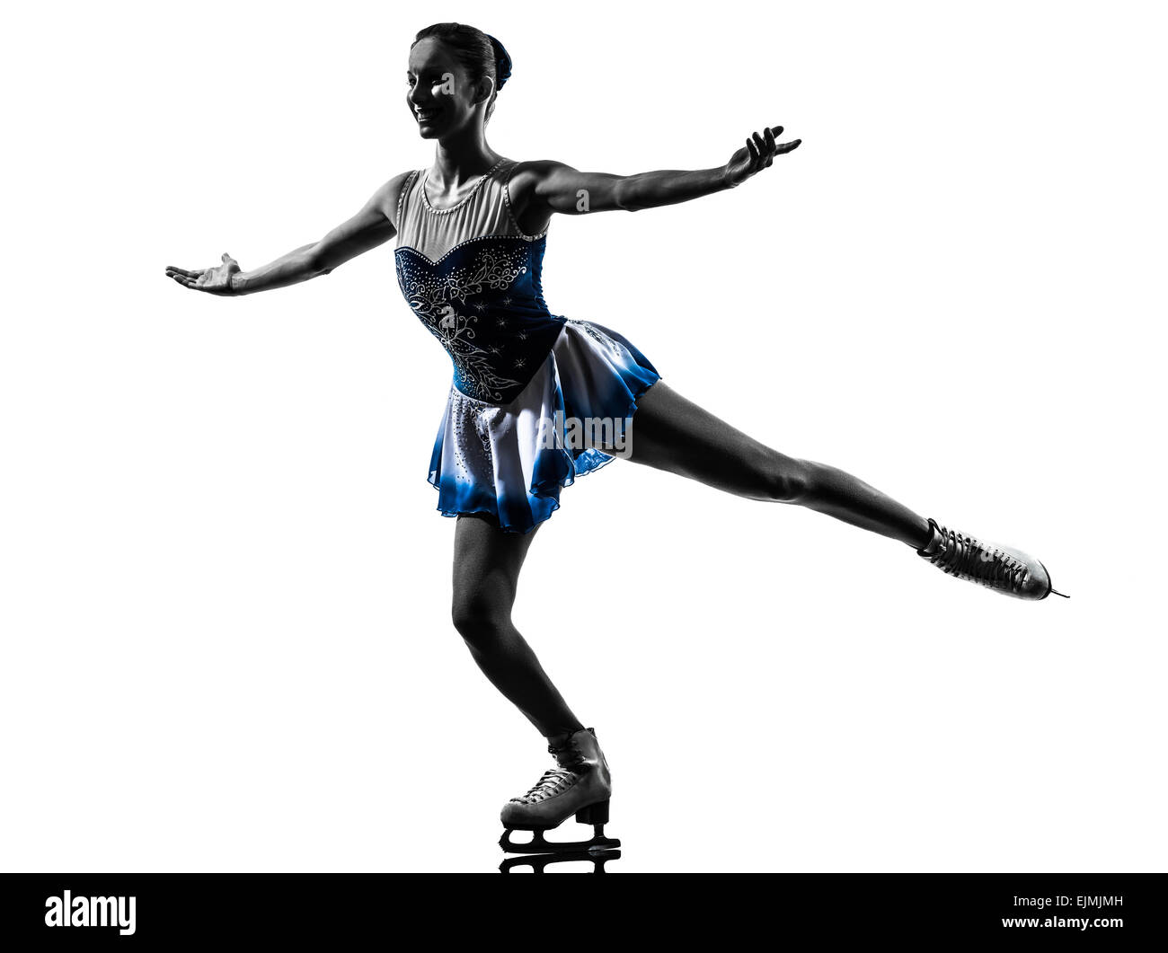 Una donna Pattinatore su ghiaccio pattinaggio a silhouette su sfondo bianco Foto Stock