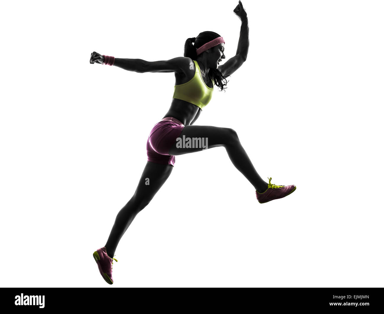 Una donna runner acceso jumping gridando in silhouette su sfondo bianco Foto Stock