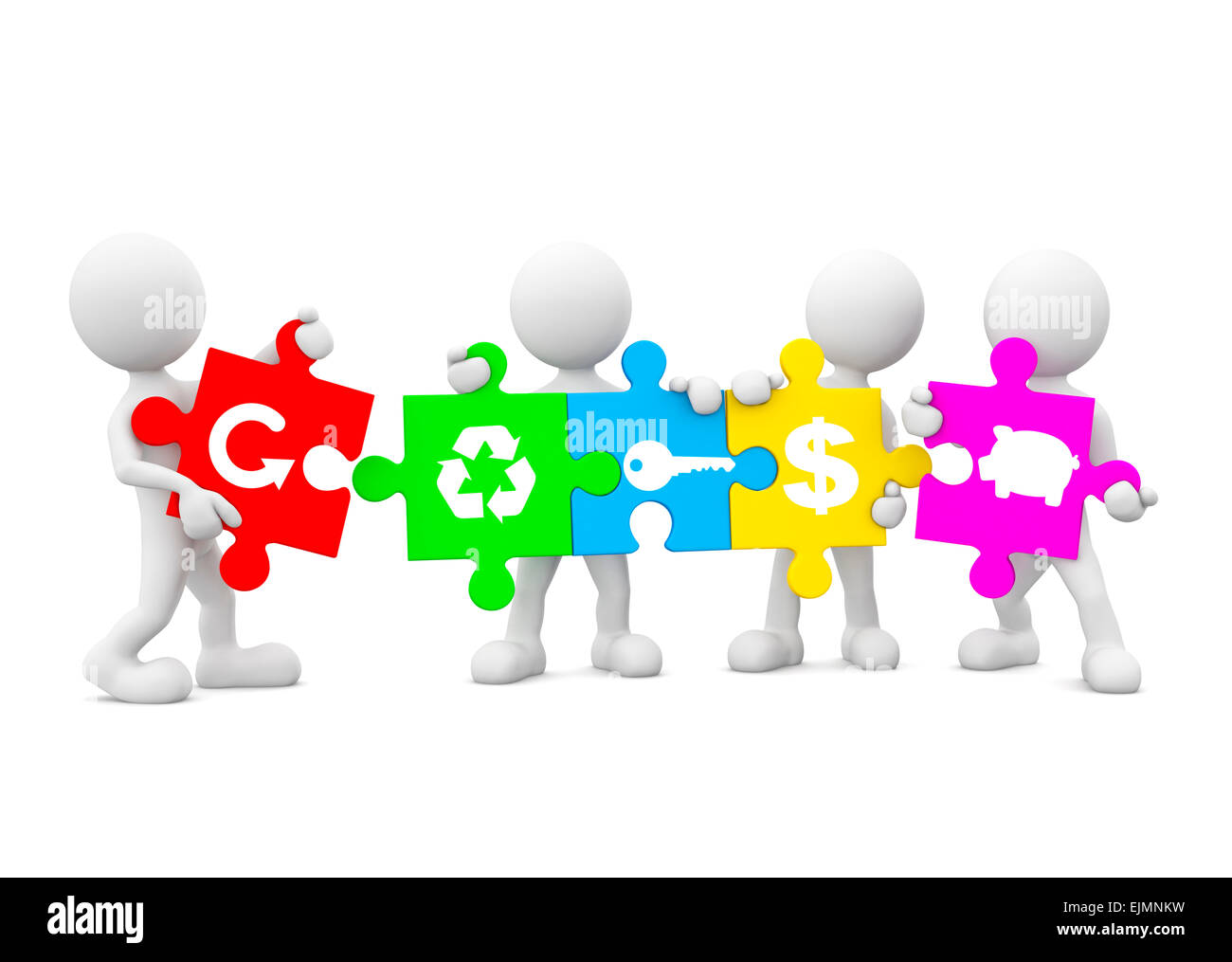 Immagine tridimensionale di bianco icone umane tenendo Jigsaw pezzi con ambientale e finanziario delle icone Foto Stock