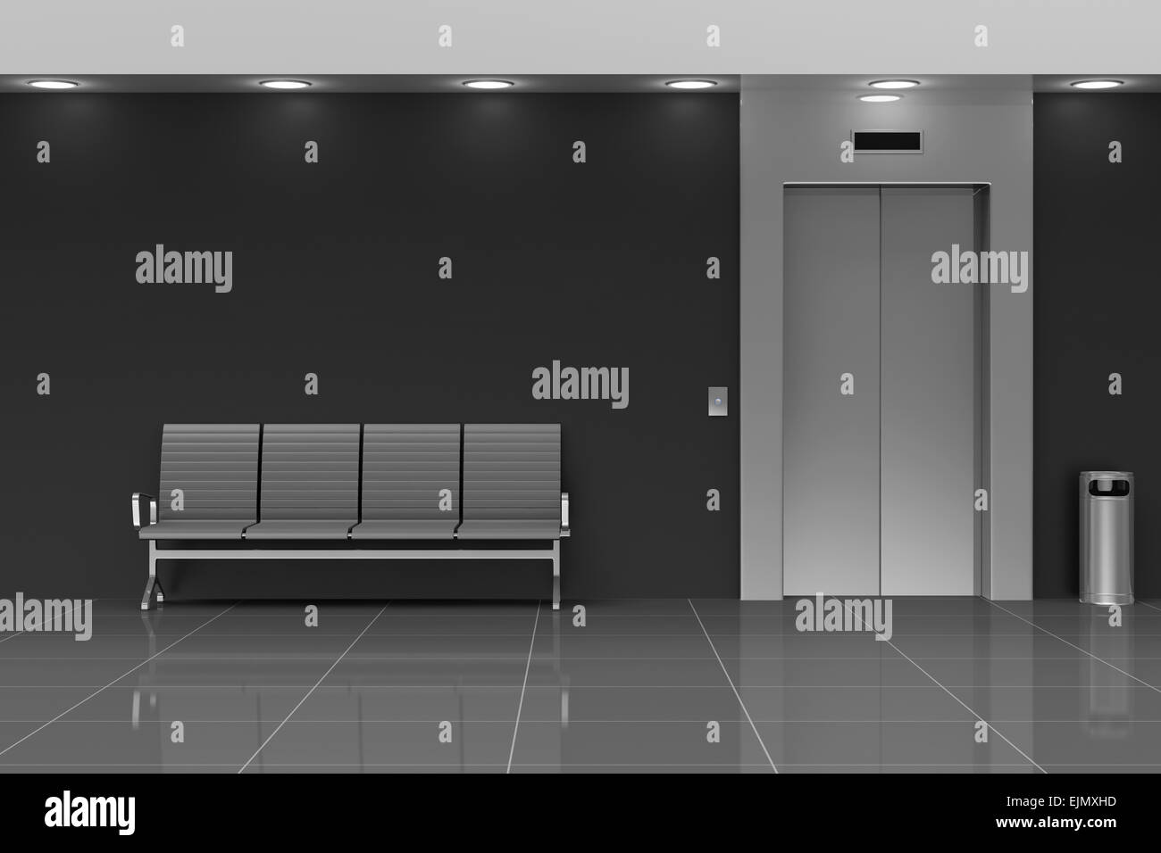 Moderna sala ascensore interno con posti a sedere vicino al muro Foto Stock