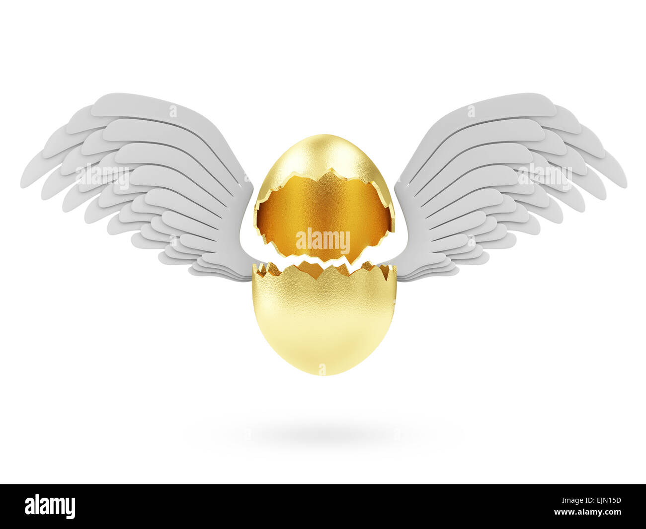 Il successo di simbolo o Felice Pasqua concetto. Rotta vuota grande Golden Egg con angelo ali bianche isolati su sfondo bianco Foto Stock