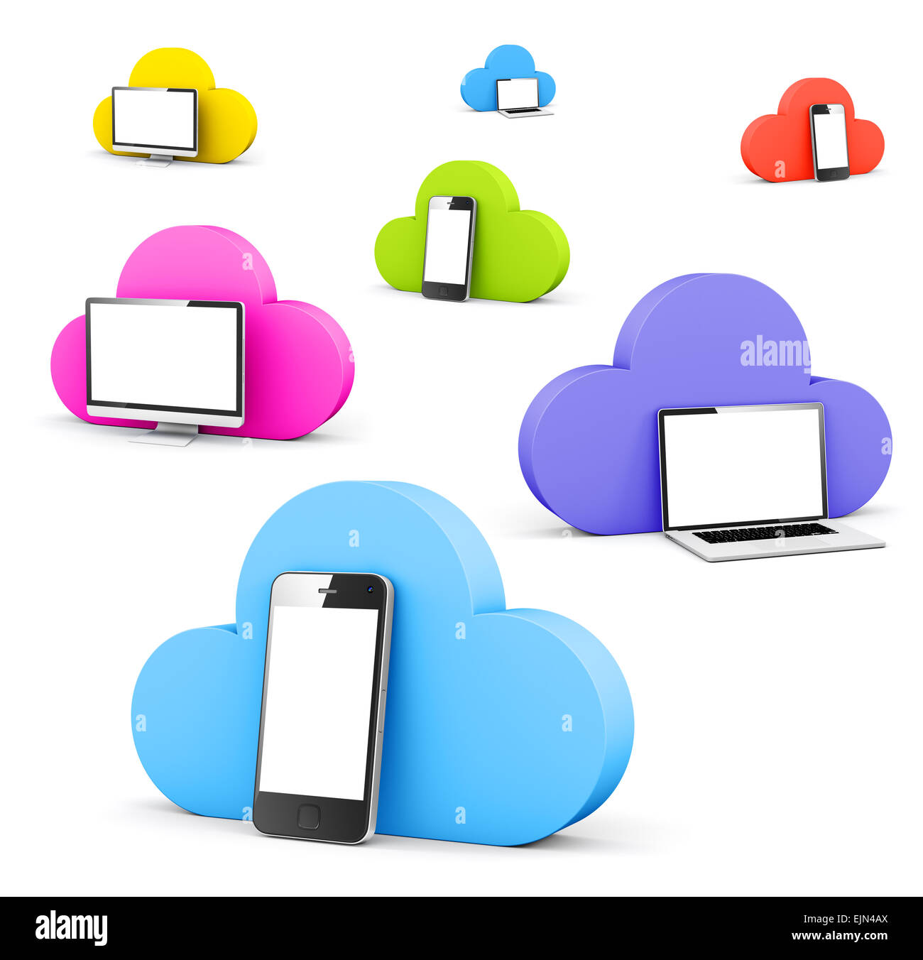 Multi colore forma cloud bolla con telefono e monitor di computer portatile. Foto Stock