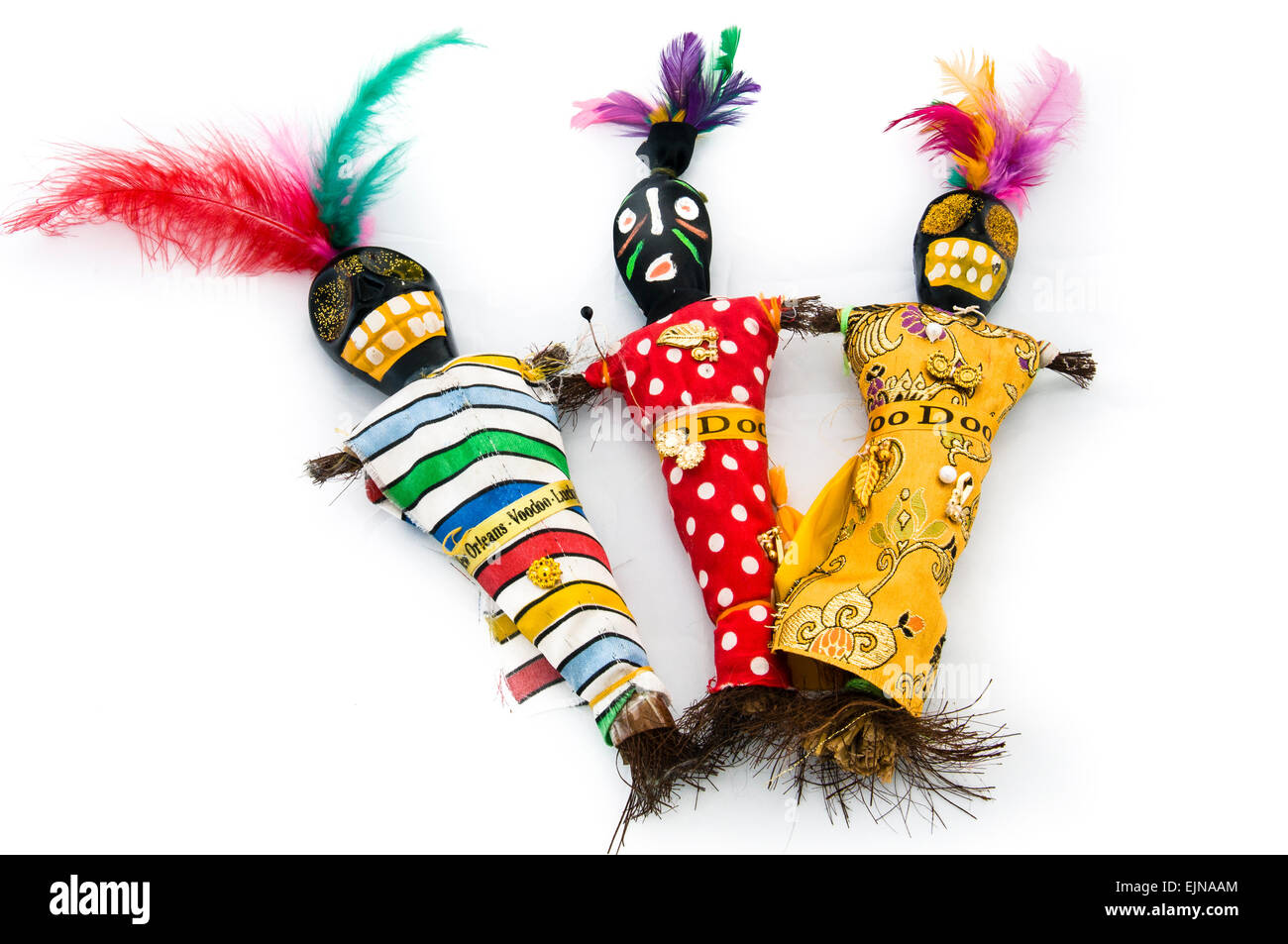 Bambole Voodoo fatta di legno, vernice e piume, da New Orleans, Louisana Foto Stock