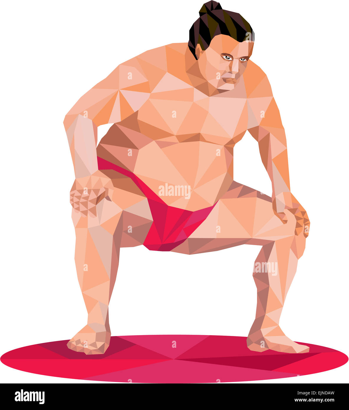 Poligono di bassa illustrazione di un giapponese lottatore di sumo in posizione di squat squatting rivolto verso la parte anteriore impostato su isolato sullo sfondo bianco. Foto Stock