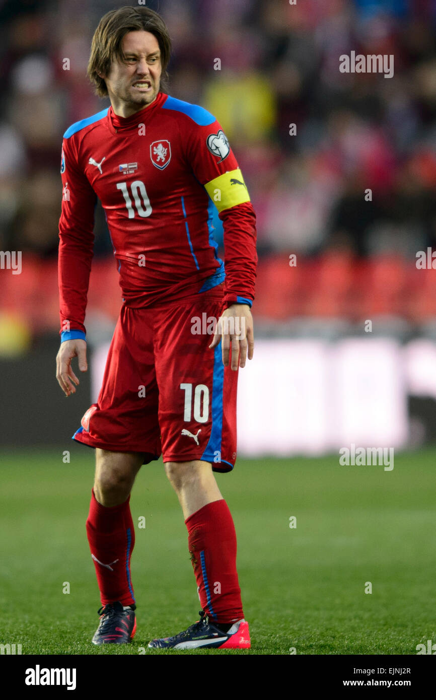 Tomas ROSICKY della Repubblica ceca reagisce l'Euro 2016 gruppo una qualifica della partita di calcio tra Repubblica Ceca e Lettonia, Repubblica ceca, 28 marzo 2015. (CTK foto/Michal Kamaryt) Foto Stock