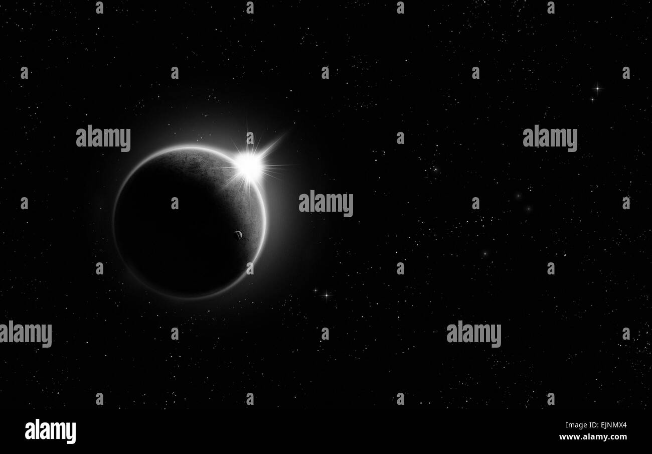 Imaginary eclissi solare spazio immagine in bianco e nero con le stelle e le luci Foto Stock