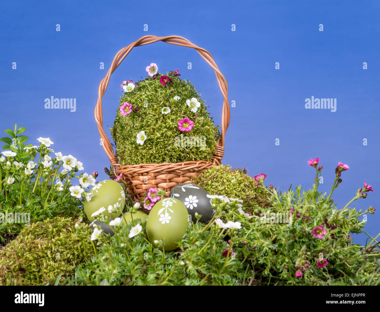 Pasqua cesto in vimini con il gigante moss-cresciute uovo e fiori di primavera e dipinte egss in erba oltre il cielo blu Foto Stock