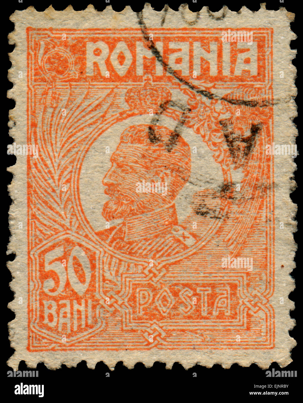 ROMANIA - circa 1920: timbro stampato in Romania mostra ritratto della Romania di Re Ferdinando, senza iscrizione, Foto Stock