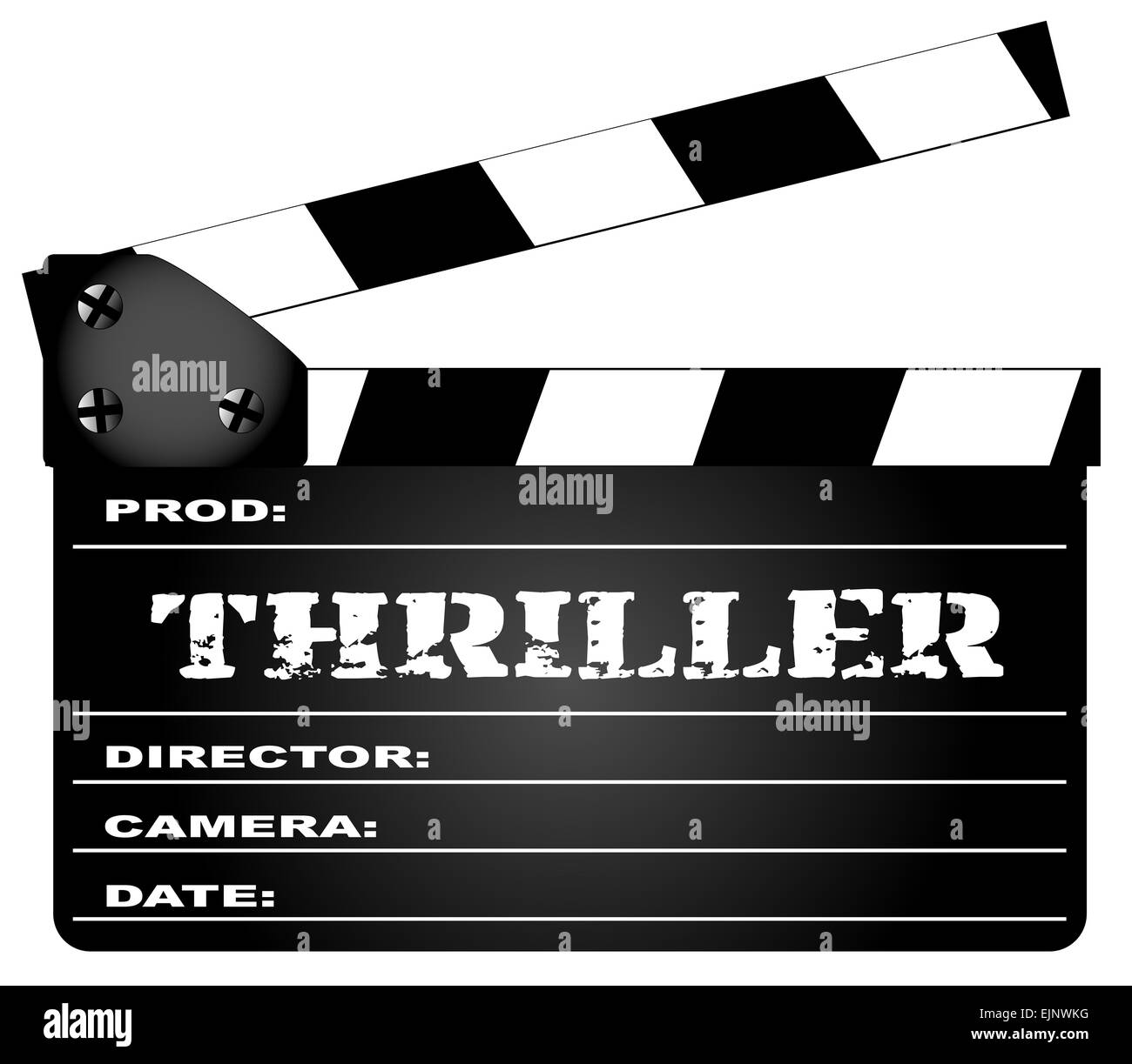 Un tipico film clapperboard con la legenda Thriller isolato su bianco. Foto Stock