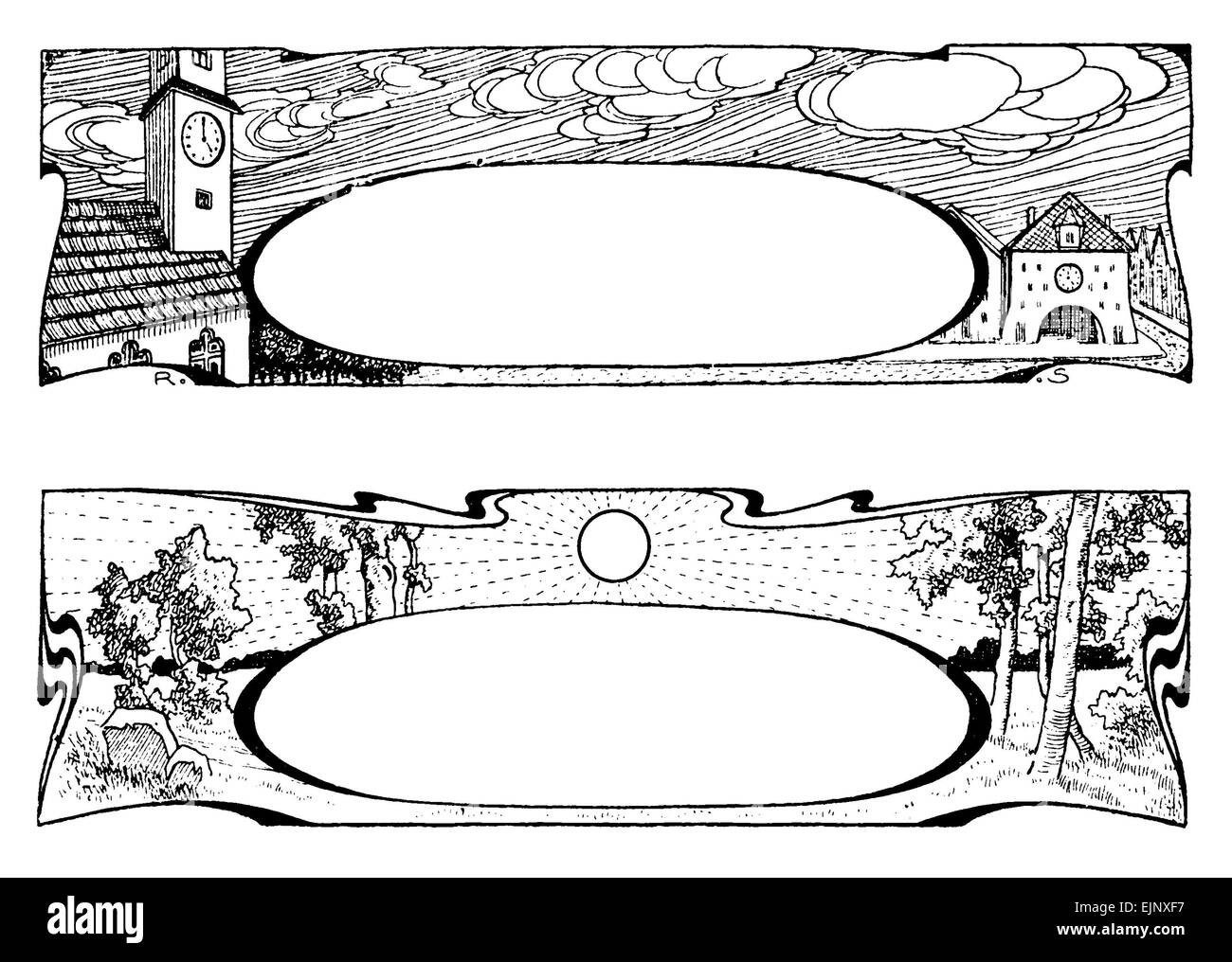 2 art deco telai anteriore con spazio per una libera etichetta con paese e scene rurali Foto Stock