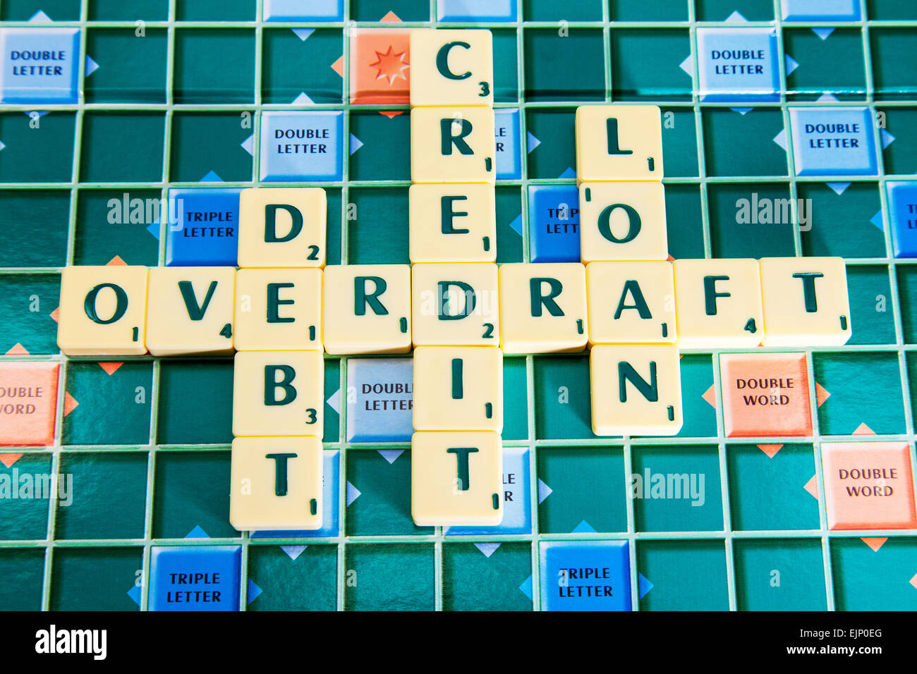 Prestito di credito scoperto in prestito debito debiti di assunzione di prestiti prestiti scheda Schede di parole utilizzando le piastrelle di scrabble per illustrare l'ortografia compitare Foto Stock