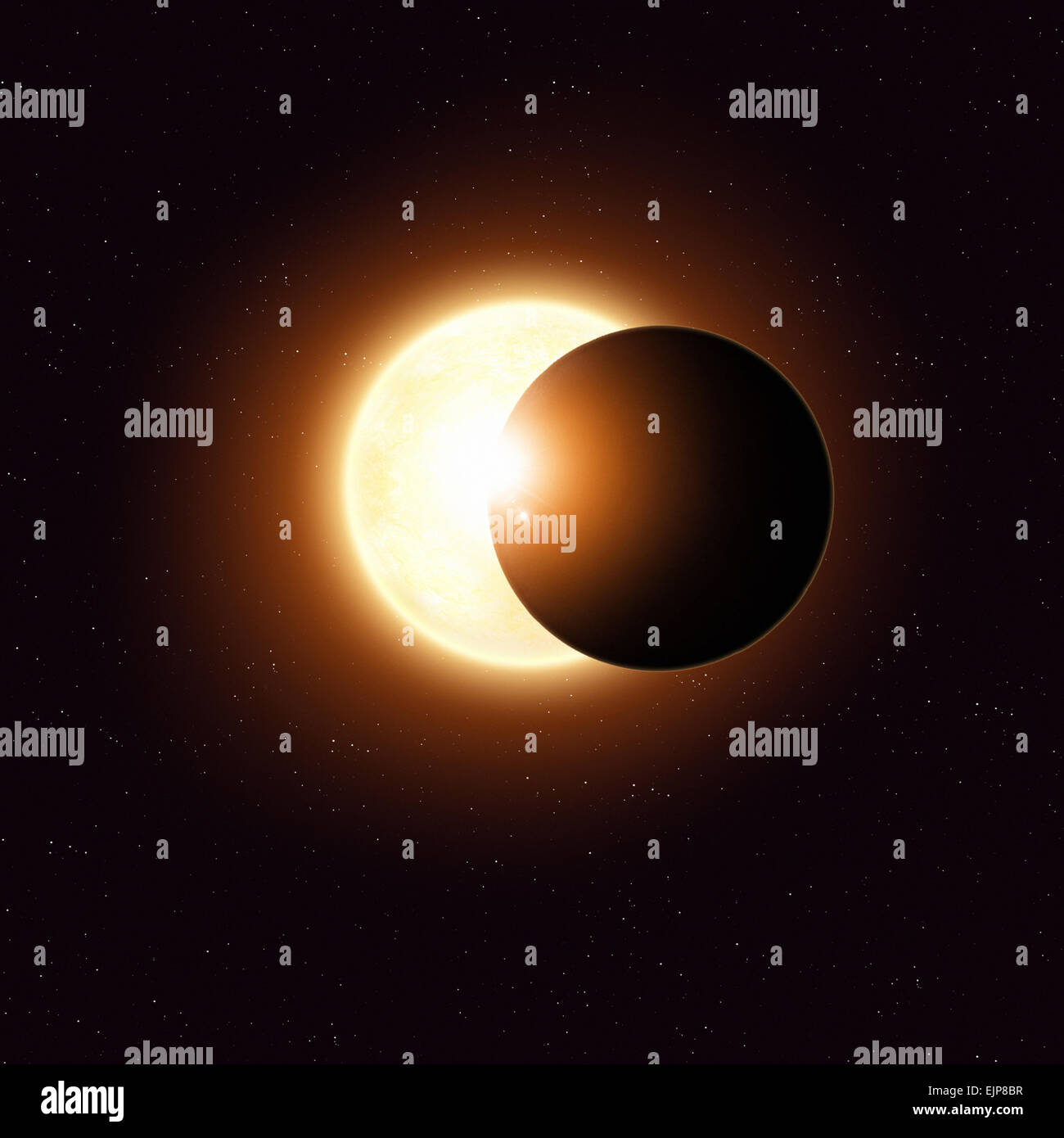 Imaginary eclissi solare spazio immagine rosso con stelle e luci Foto Stock