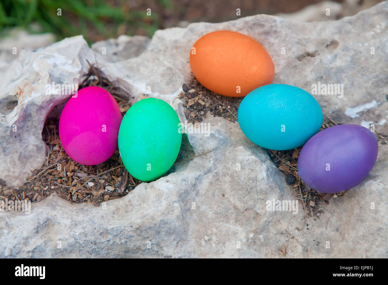 Uova colorate su una roccia - Uovo di Pasqua il concetto di suoneria Foto Stock