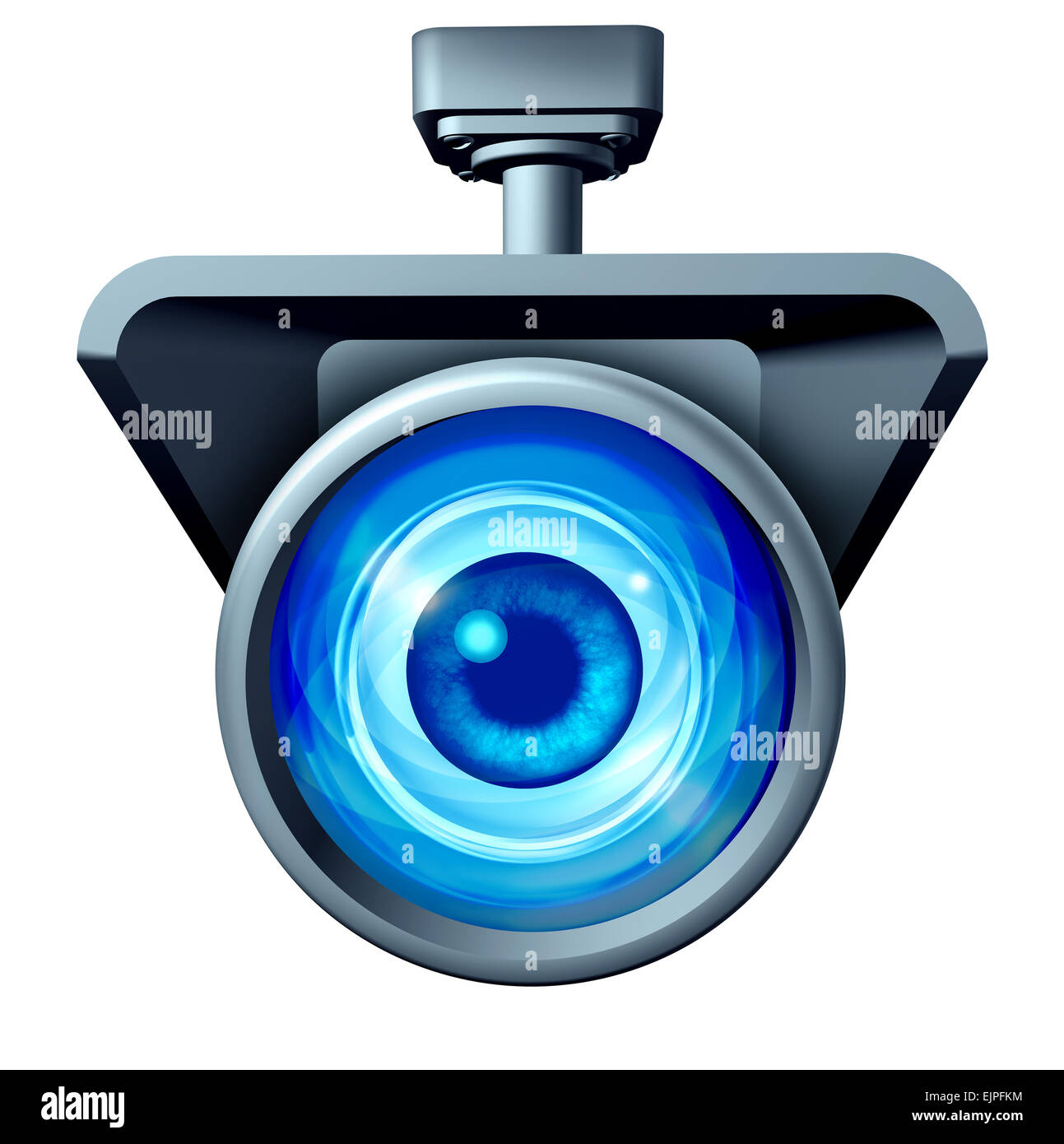 Video sorveglianza e il grande fratello è la visione di concetto come una videocamera di sicurezza il monitoraggio del pubblico con un grande occhio di spionaggio come un simbolo per i diritti sulla privacy problemi isolati su uno sfondo bianco. Foto Stock