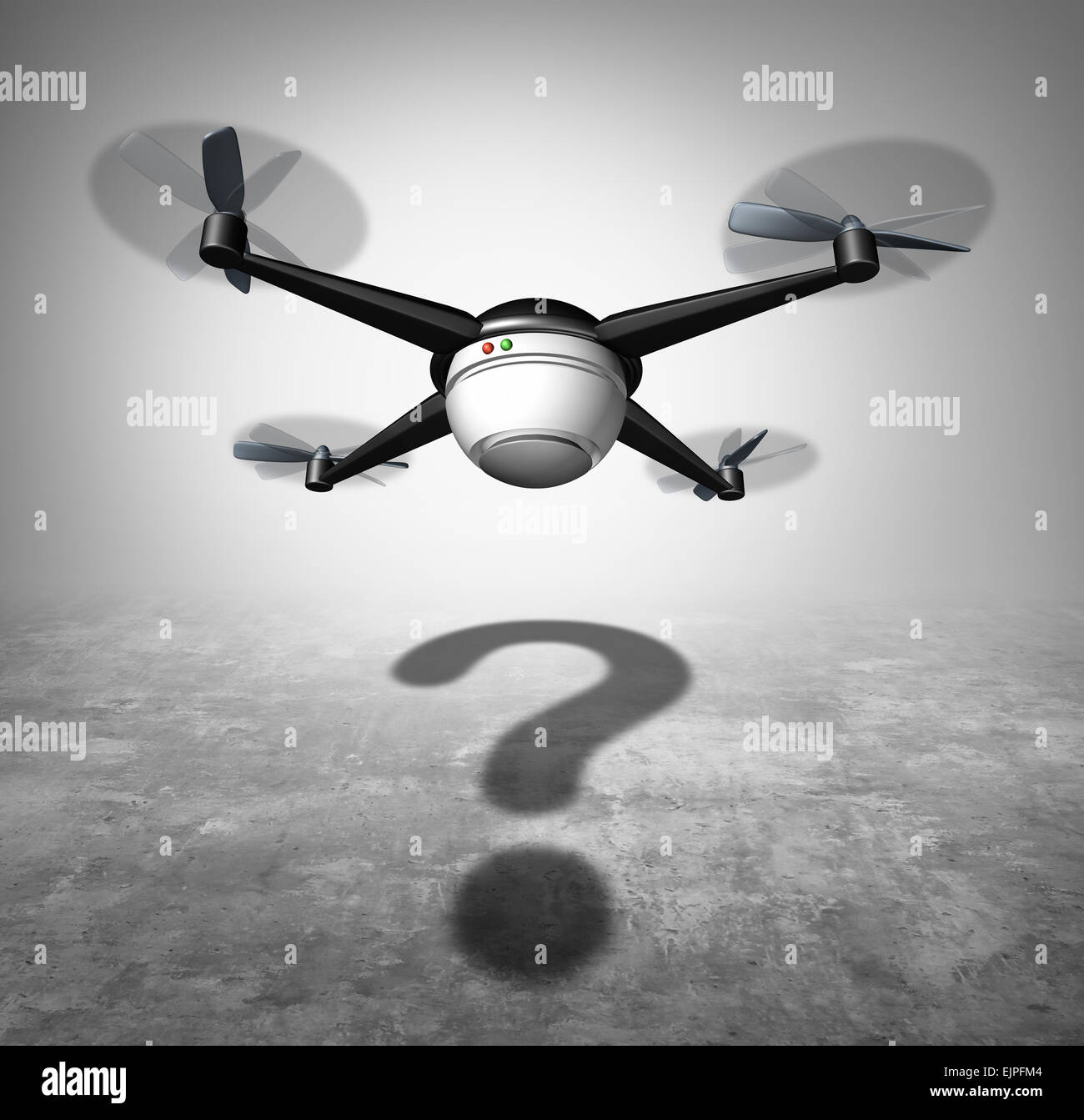 Drone questione e drone in volo con un cast ombra conformata come un punto interrogativo come un simbolo per la nuova sorveglianza e tecnologia di spedizione delle questioni sociali. Foto Stock