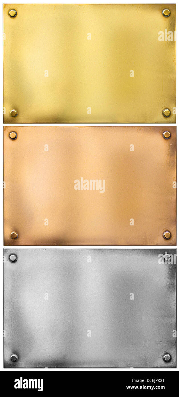 Argento, oro, bronzo lastre metalliche con rivetti impostare isolato Foto Stock