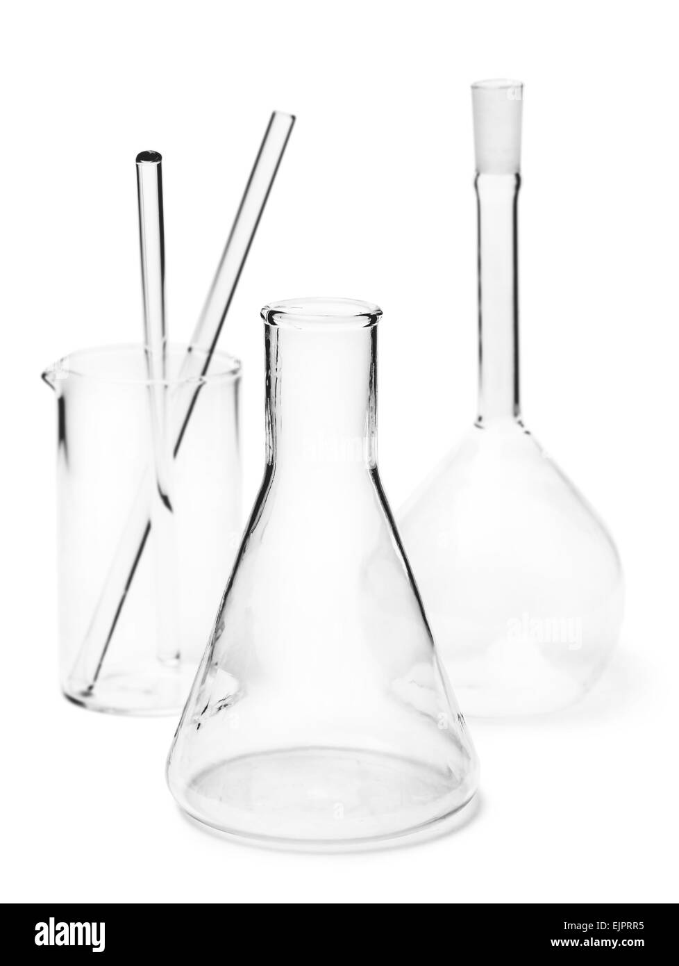 Set di vetro palloni da laboratorio su uno sfondo bianco isolato Foto Stock