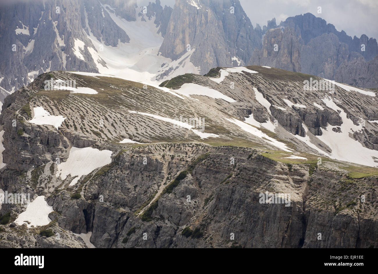 Strisce di pietra da frost heave in alta altitudine tundra, tre cime delle Dolomiti, Alpi Italiane, Italia, Giugno Foto Stock