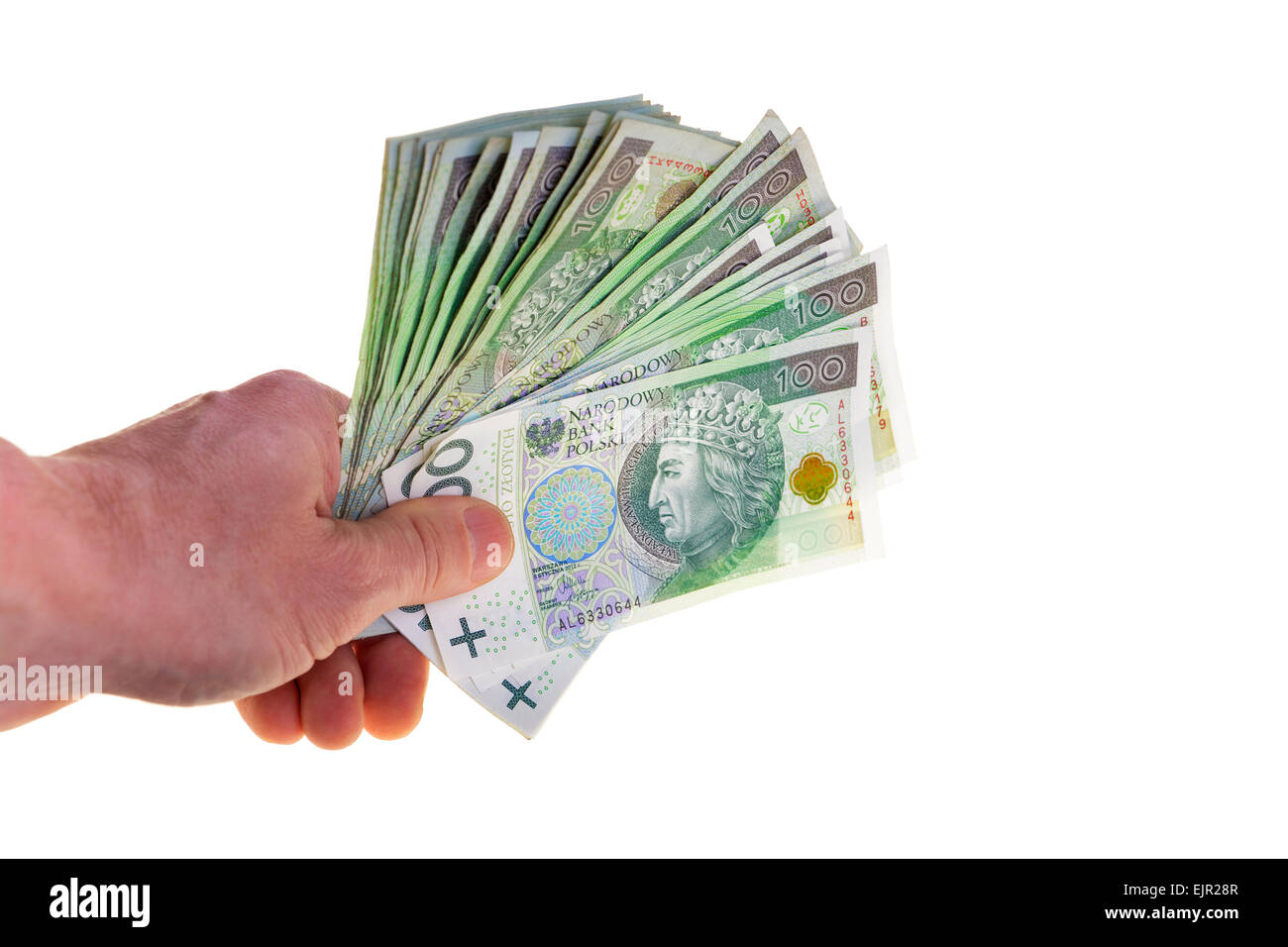 Valuta polacca banconote centinaia di zloty impilati in mano. Foto Stock