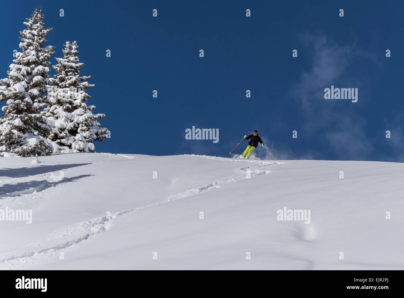 Sciatore in polvere di neve, con rifiniture, Venet, Zams, Tirolo, Austria Foto Stock