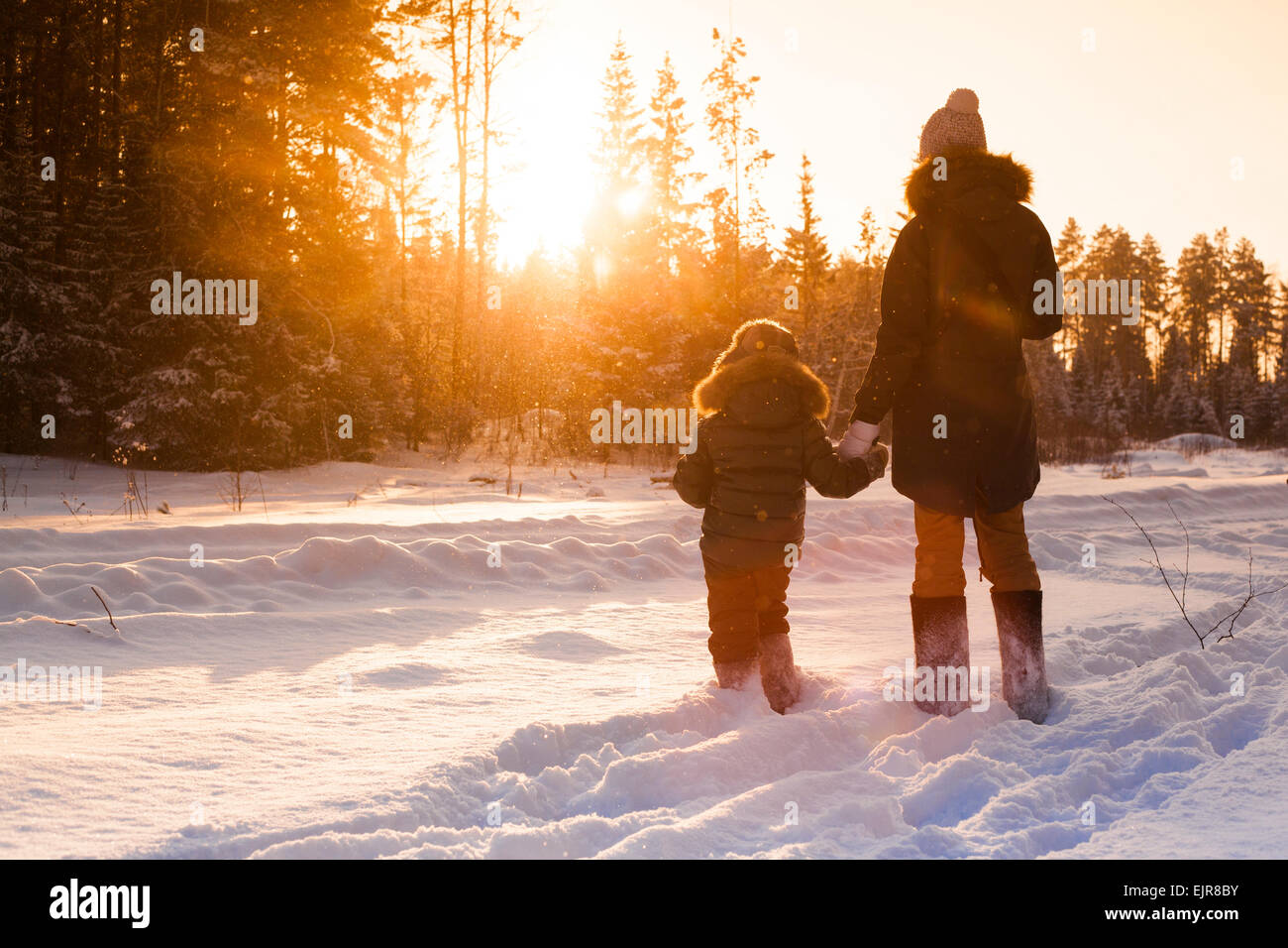La madre e il figlio a piedi nei boschi innevati clearing Foto Stock