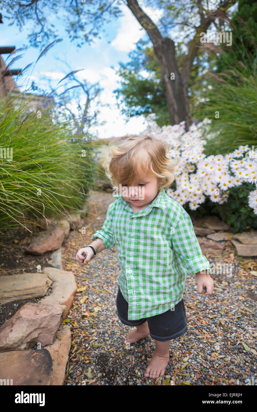Caucasian baby boy camminare nel giardino Foto Stock