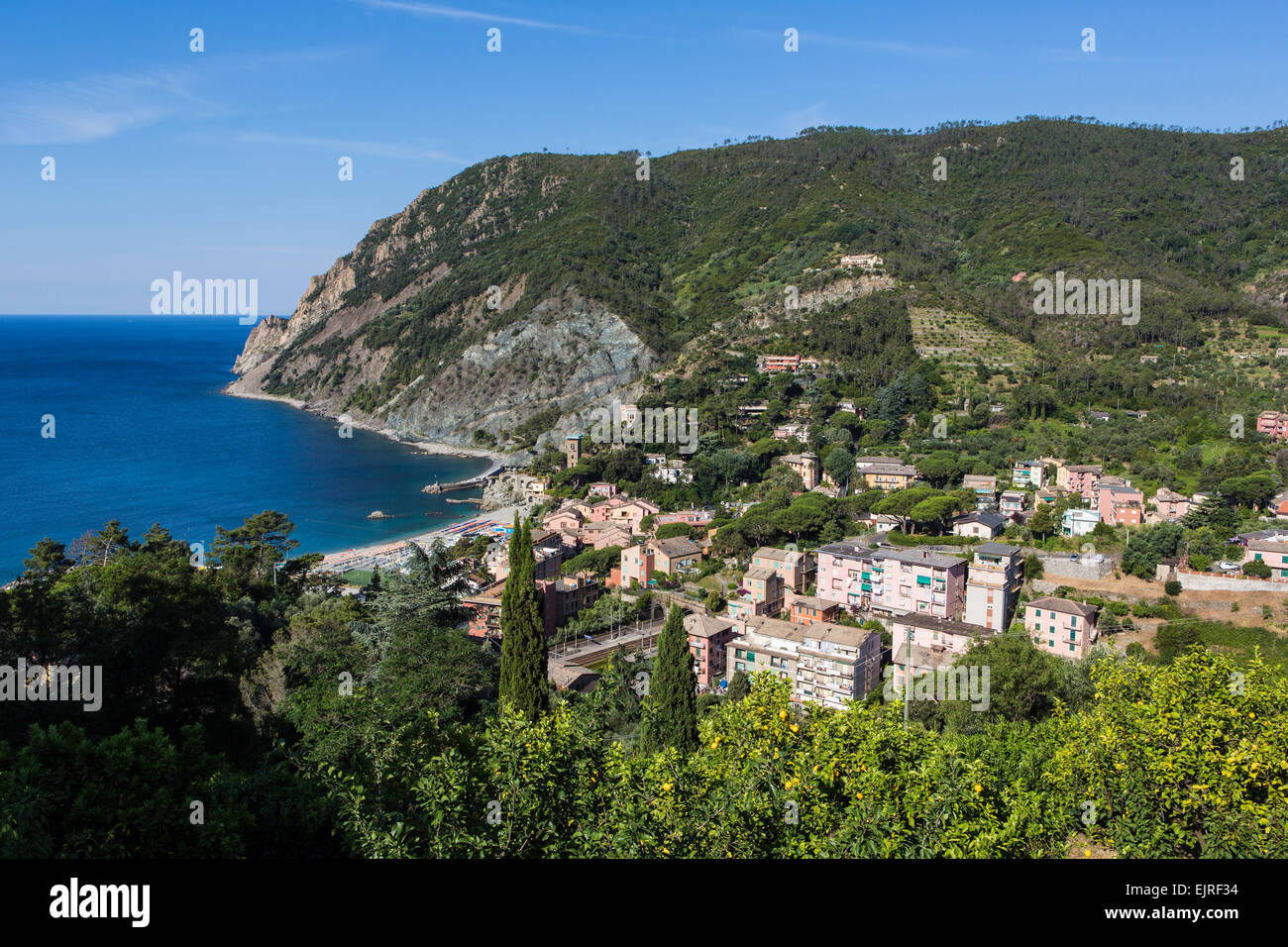 Vista in elevazione sopra Monterosso al Mare, Cinque Terre Liguria, Italia Foto Stock