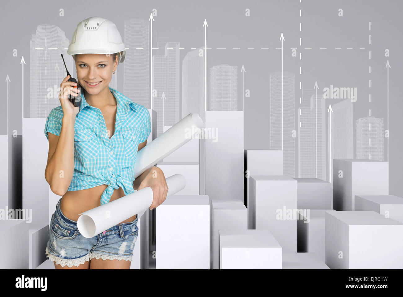 Bellissima ragazza con un walkie-talkie e la carta scorre. Città minimalista con le frecce Foto Stock