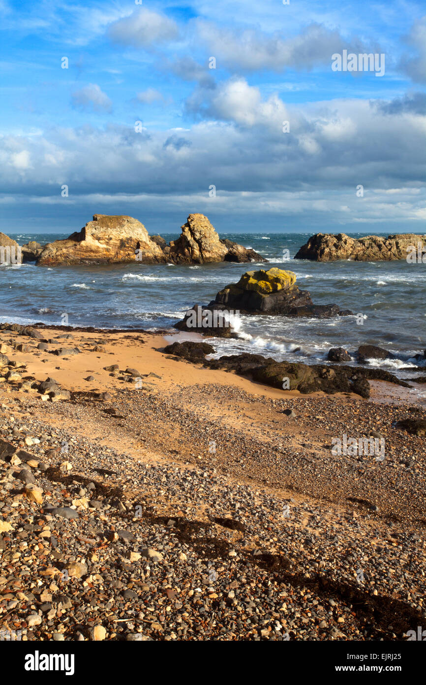Sabbia e spiaggia di ciottoli con rocce Offshore vicino a St Monans East Neuk di Fife Scozia Scotland Foto Stock