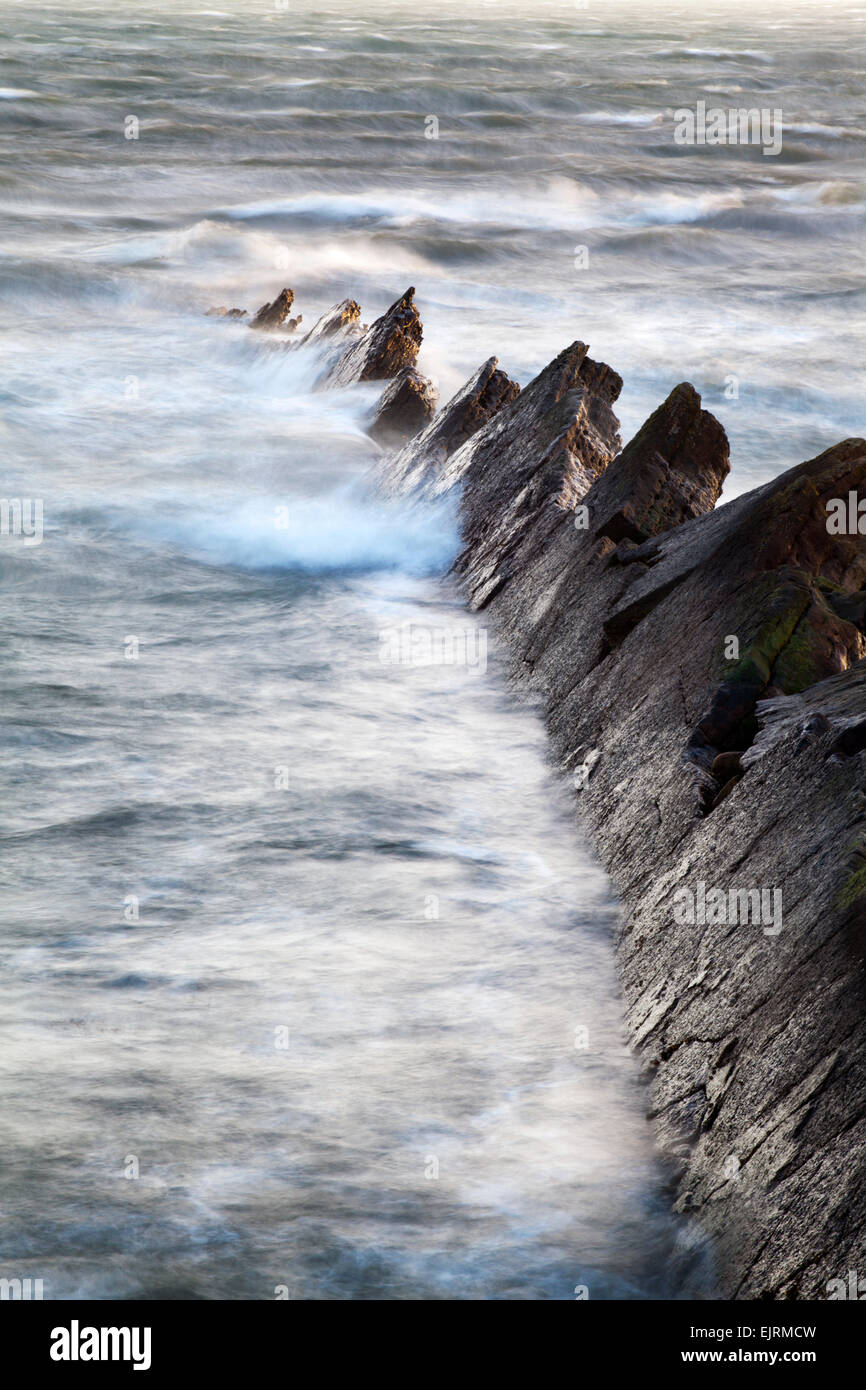 Rocce frastagliate in mare mosso a St Monans East Neuk di Fife Scozia Scotland Foto Stock