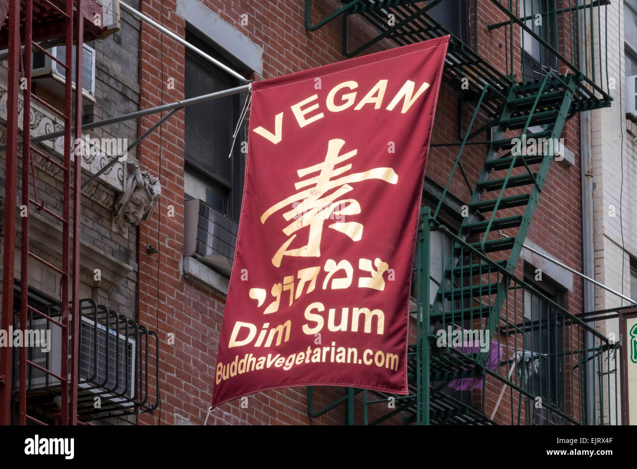 Un banner al di fuori di un vegano dim sum ristorante di Chinatown in New York City Foto Stock