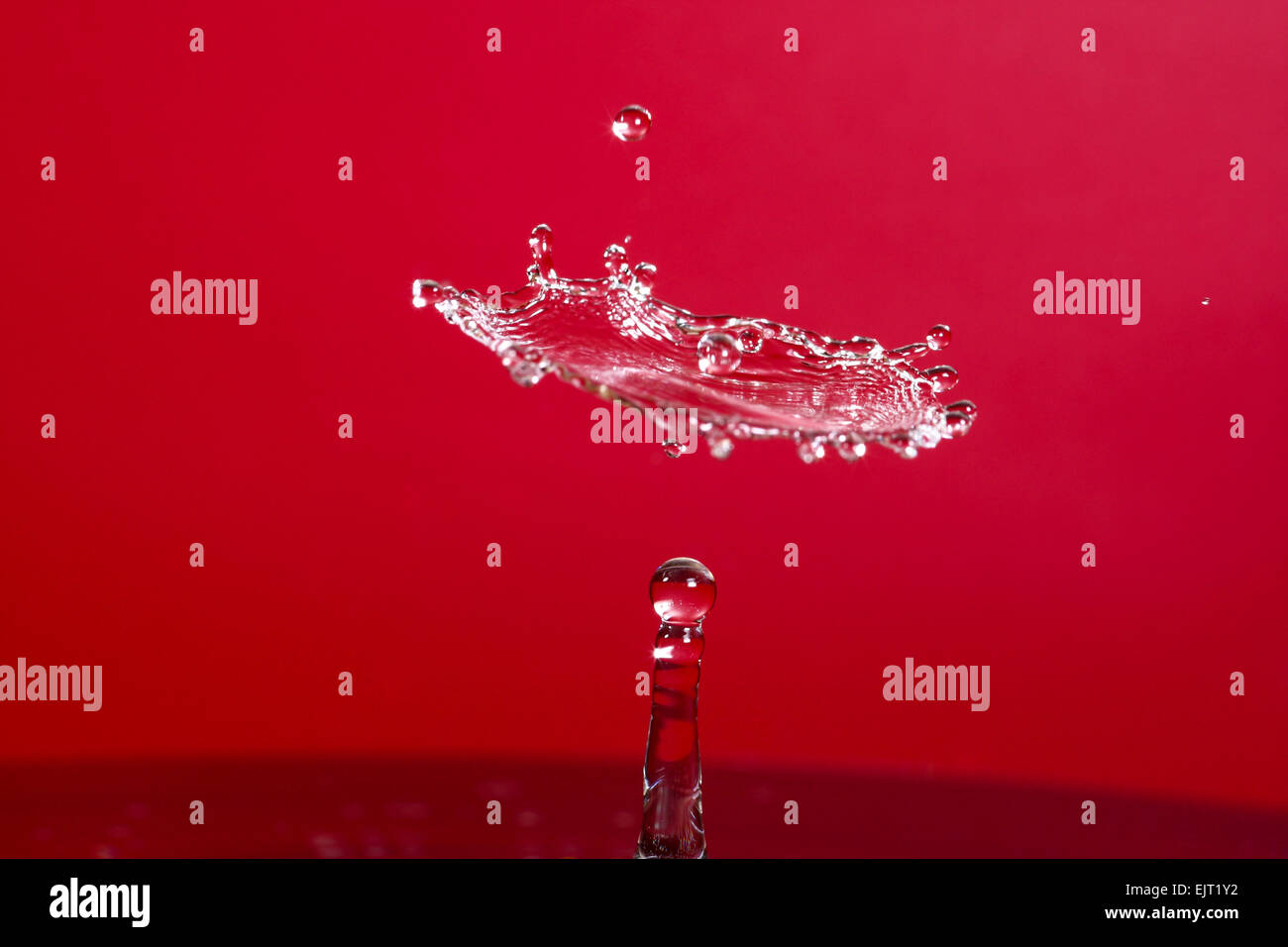 Acqua goccia collisioni con uno sfondo rosso Foto Stock