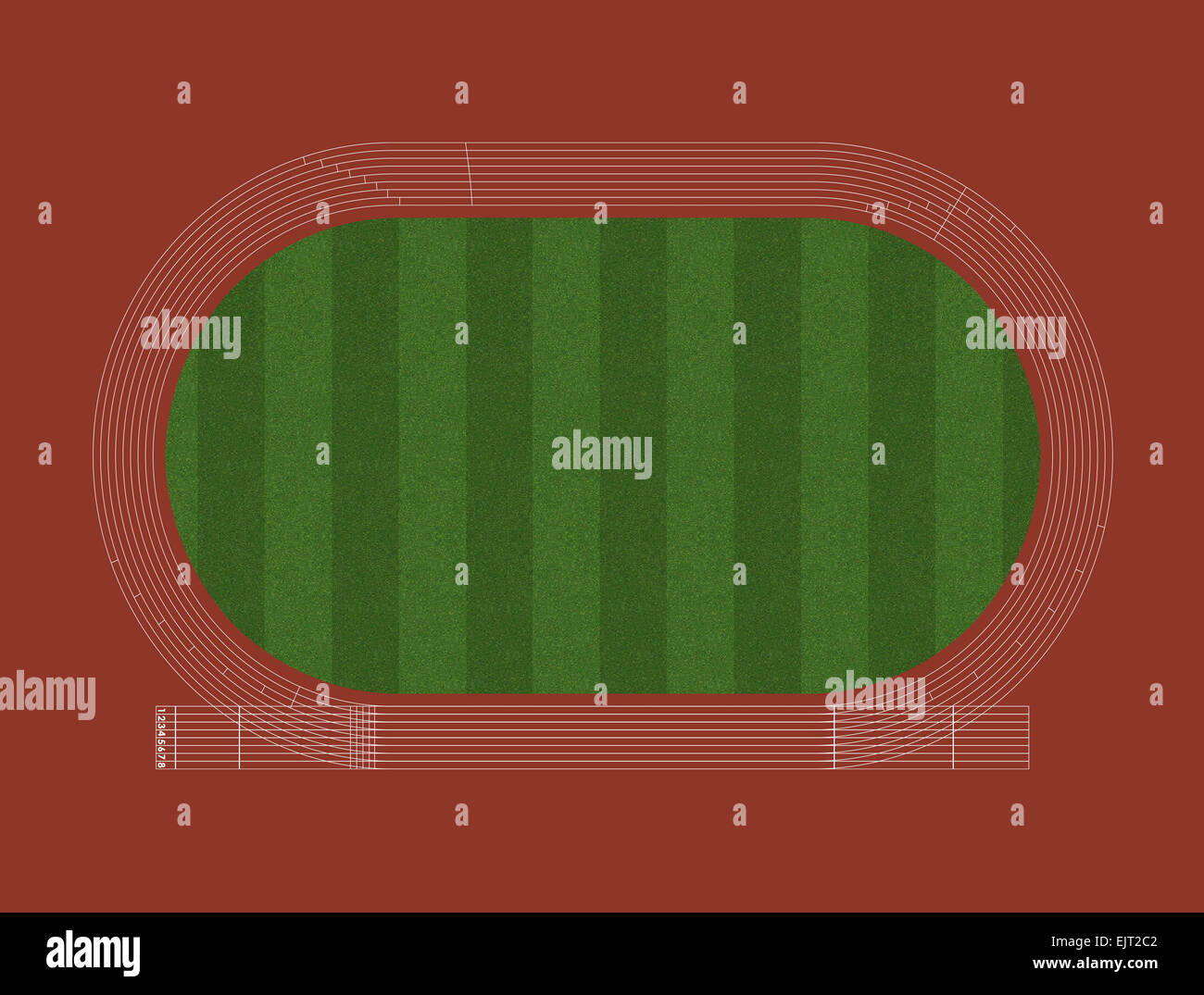 Una pista di atletica contrassegnati in bianco con un centro erba verde patch Foto Stock