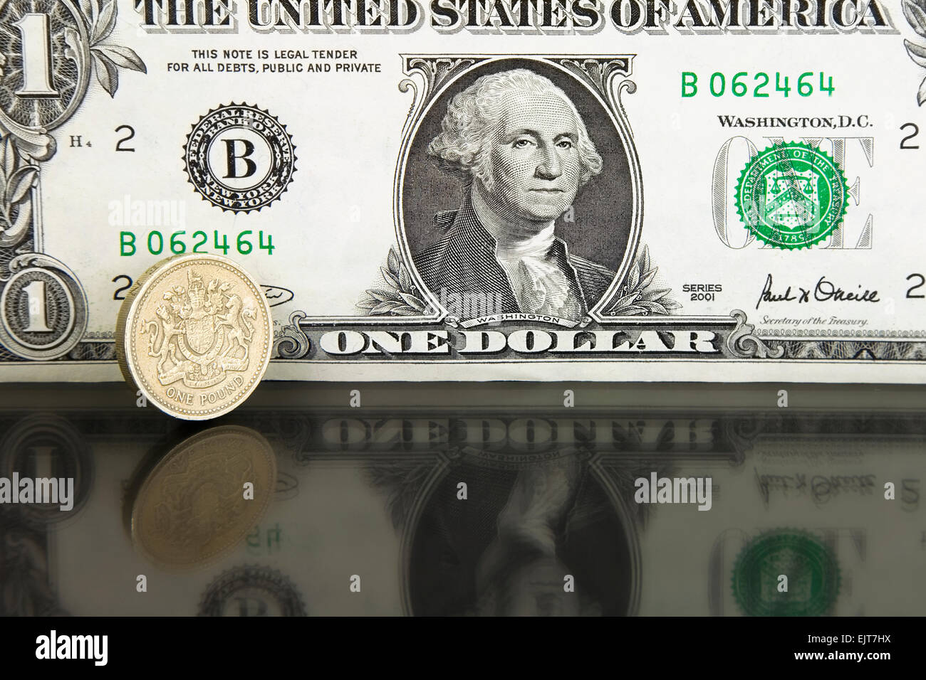American un dollaro Banca nota con uno britannico pound coin Foto Stock