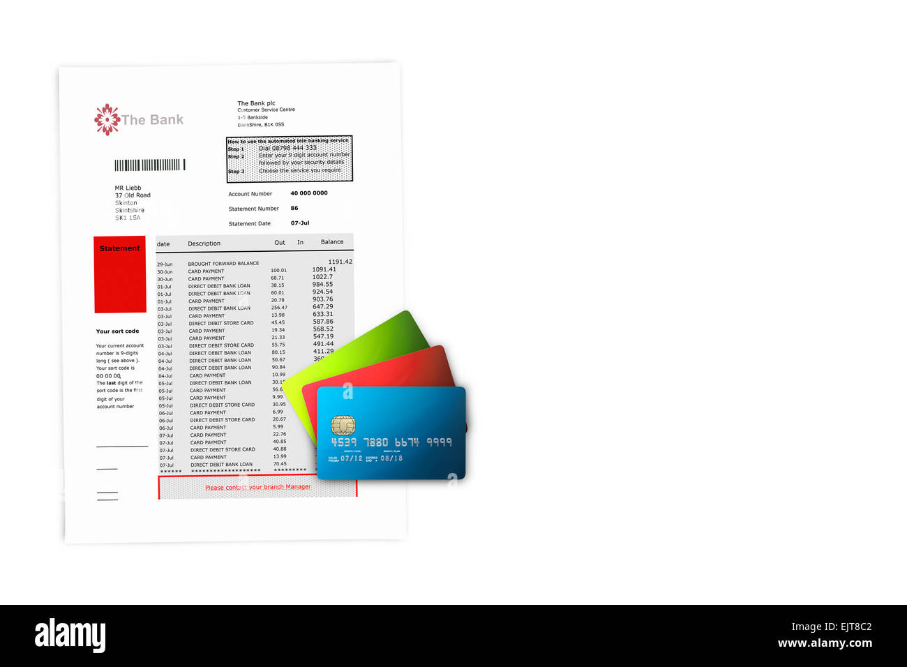 Carte di credito sugli estratti conto bancari con spazio di copia Foto Stock