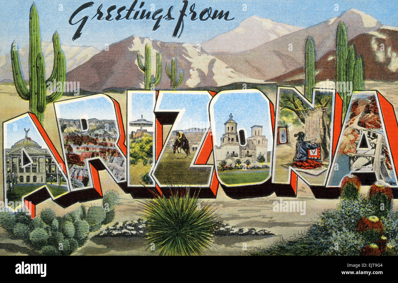 Grande lettera 'saluti da Arizona ' membro Nome cartolina vintage ca. 1930-1940's Foto Stock