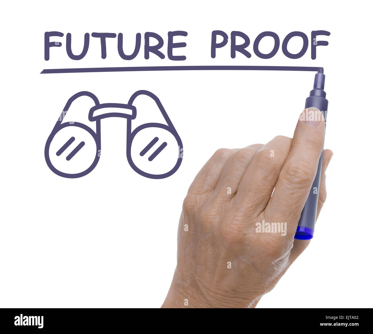 Mano con disegno a penna a prova di futuro e Binocolo Foto Stock