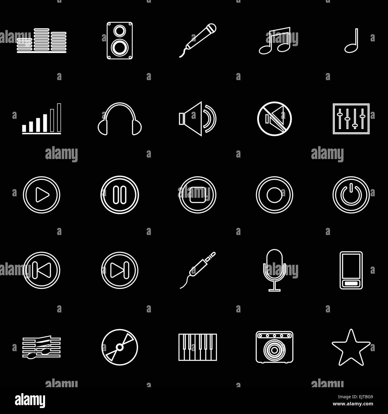 Linea Music icone su sfondo nero, vettore di stock Illustrazione Vettoriale