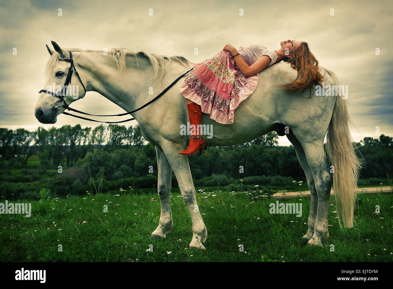 Bella ragazza e White Horse Foto Stock