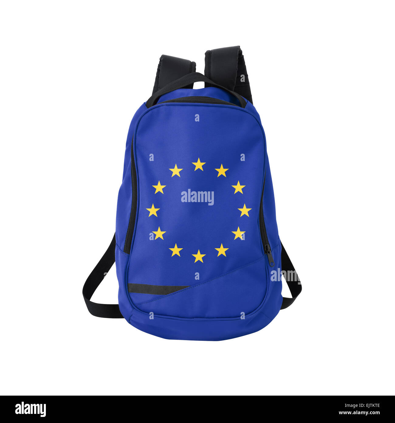 Bandiera dell'Unione europea nello zaino isolati su sfondo bianco. Foto Stock
