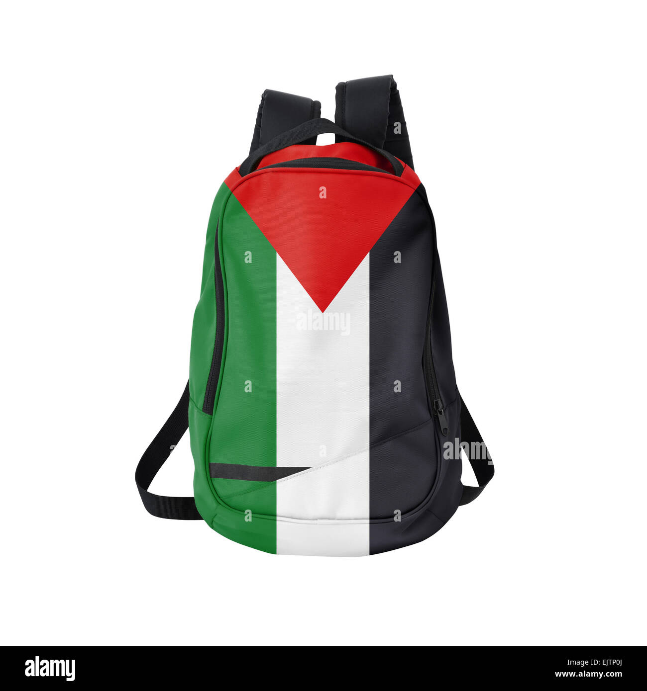 Bandiera palestinese zaino isolati su sfondo bianco. Si torna a scuola concetto. Istruzione e studio all'estero. Viaggi e turismo Foto Stock