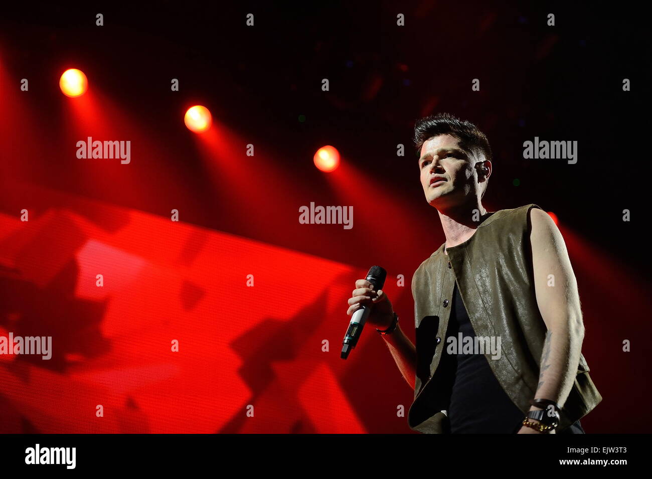 Danny O'Donoghue dello Script sul palco a SSE idro, Glasgow. Foto Stock