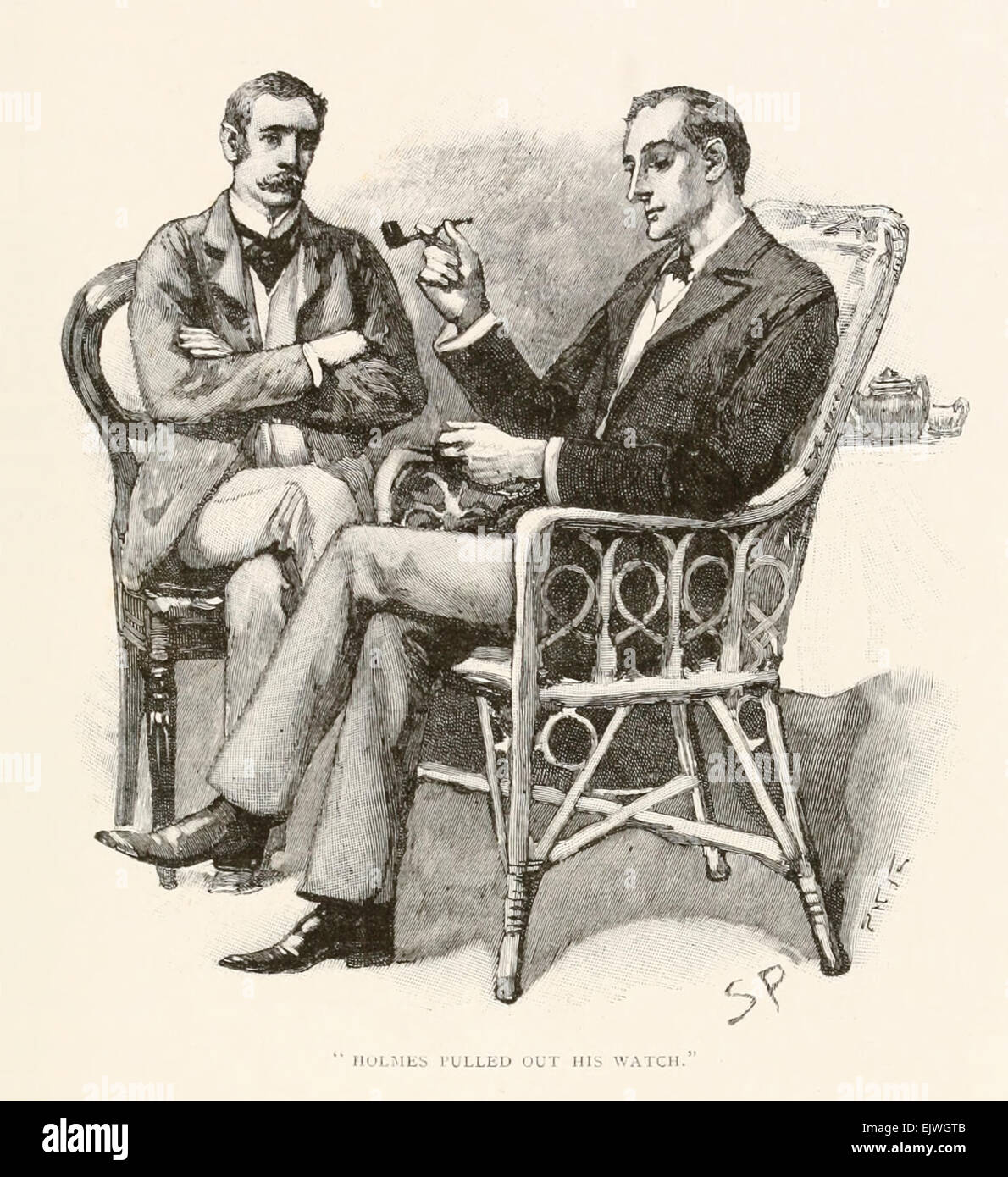 Holmes ha tirato fuori il suo orologio - da "l'interprete greco" di Arthur Conan Doyle (1859-1930). Illustrazione di Sidney Paget (1860-1908) da settembre 1893 edizione di The Strand Magazine. Vedere la descrizione per maggiori informazioni. Foto Stock