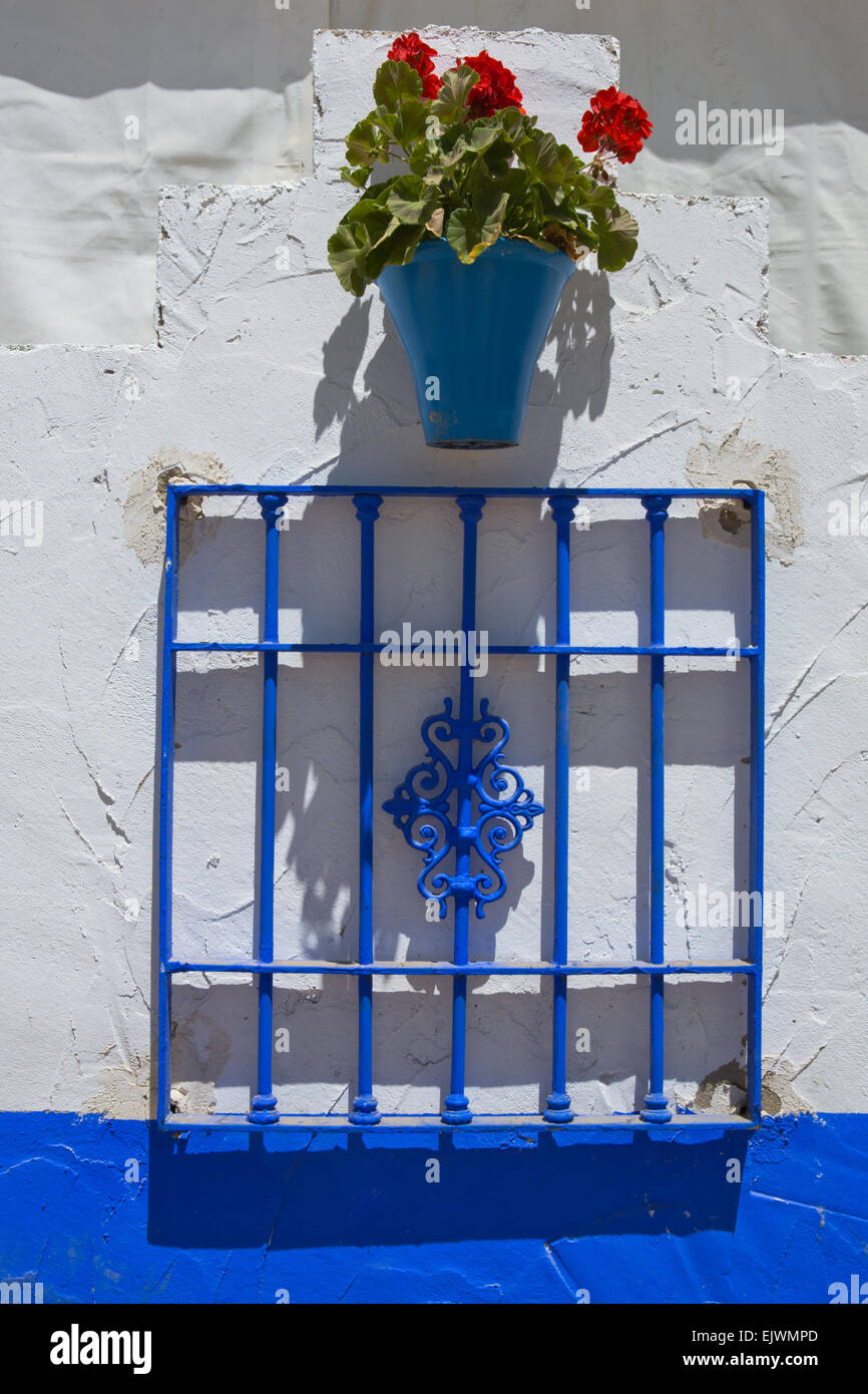 Parete con vasi di fiori e griglia a Cordoba stand fieristici, Andalusia, Spagna Foto Stock