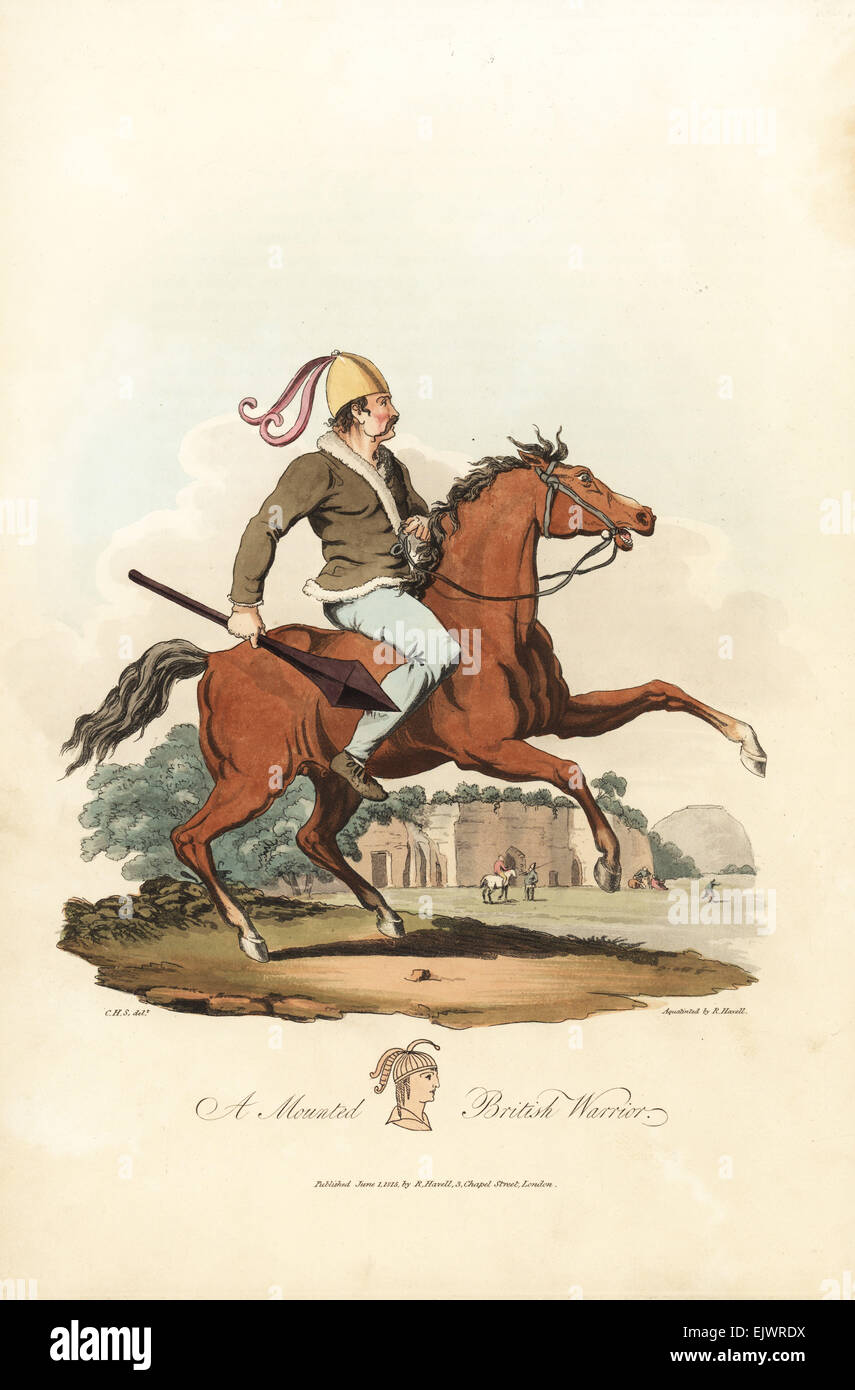 Montato British warrior dall'età pre-romana. Indossa un casco di bronzo, un mantell gedenawg (shaggy manto), pantaloni e scarpe. Foto Stock