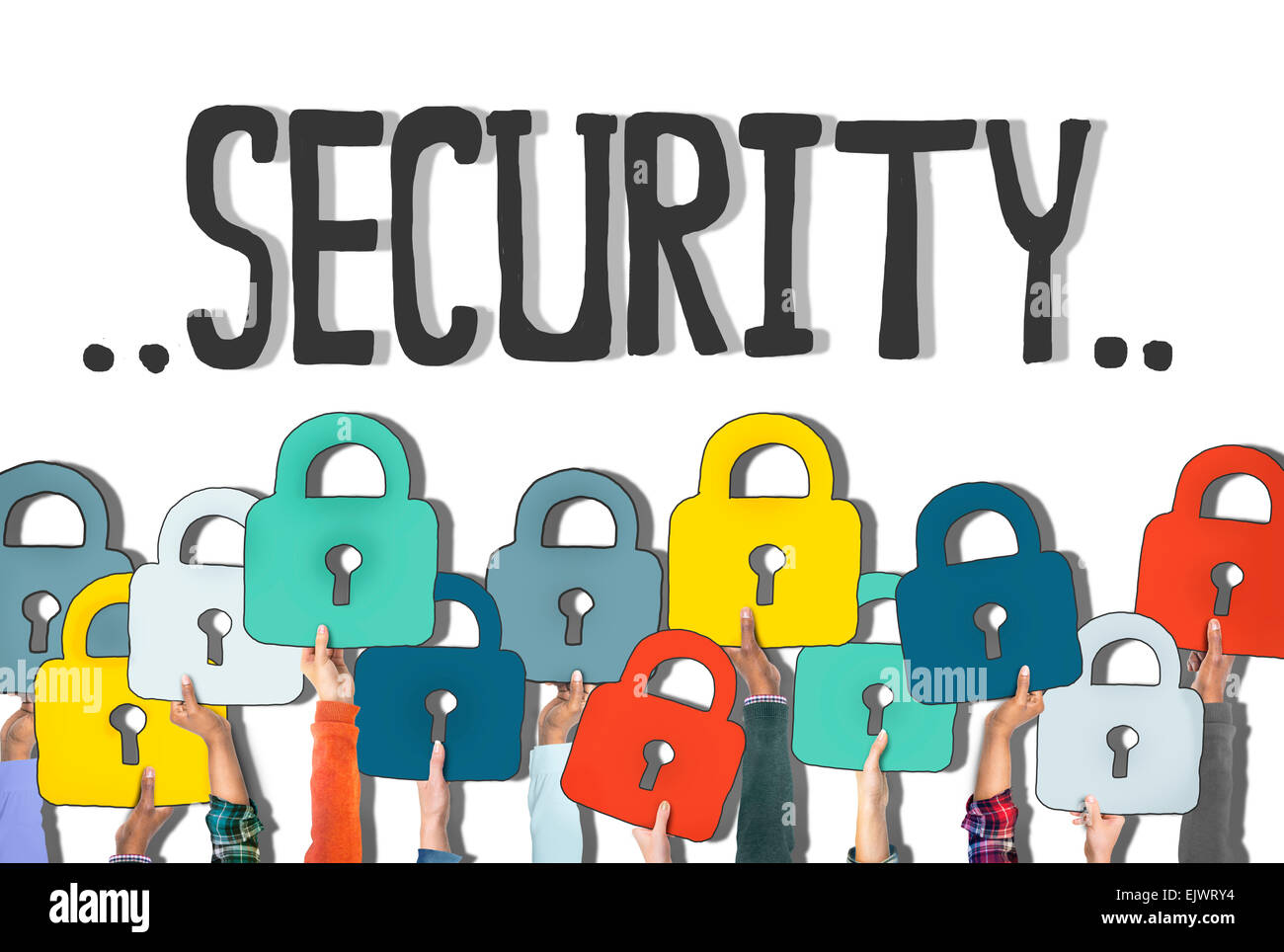Gruppo di diverse mani tenendo il simbolo del lucchetto Foto Stock