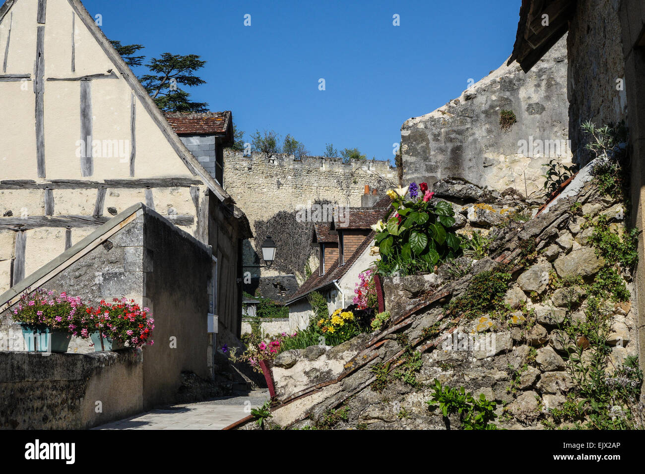 Montrésor, villaggio in Loire Vally, Francia. Strada con fiori e tetti in basso Foto Stock