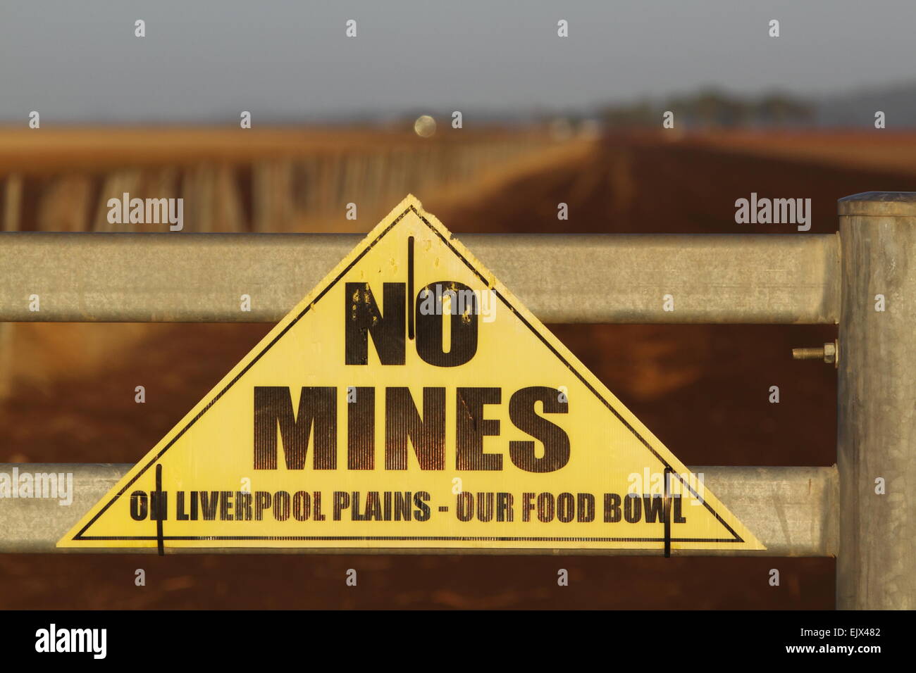 Un anti-mining segno alla stazione Breeza, Breeza, NSW, Australia. 'No mine sulle pianure di Liverpool - la nostra ciotola di cibo". Foto Stock